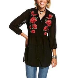 NWOT Ariat Rose Embroidered Sheer Button-Up Blouse Size Medium